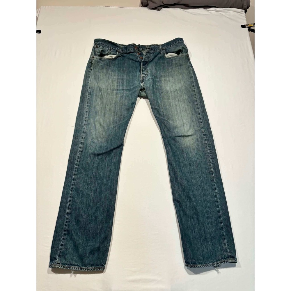 Levis 501 Original‎ Fit Button Fly Jeans Mens 38x34 M Wash Blue Denim Distressed
